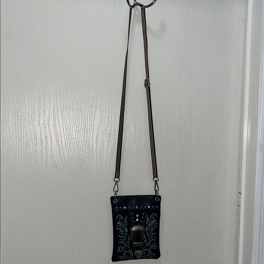 Black and Turquoise Embroidered Crossbody Bag
